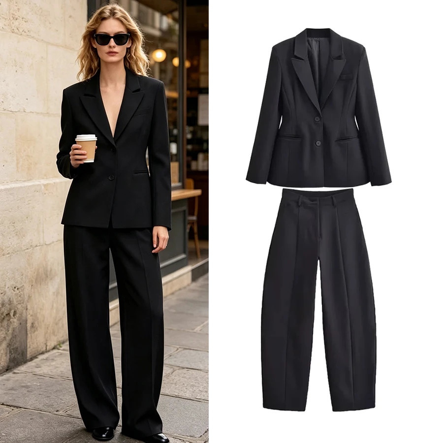 Women's Self-cultivation Single-breasted Long Sleeve Suit Jacket And Simple High Waist Pants Fashionable Elegant 2-Piece Set 261016
