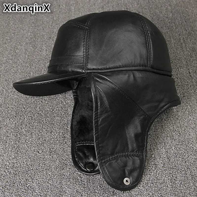 Trapper Hats Genuine Leather Hat Men's Cap Winter Warm Hats Earmuffs Plus Velvet Thick Sheepskin Cap Casquette Gorras HombreT261017