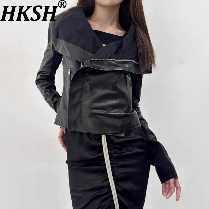 HKSH Spring Autumn Womens Jacket PU Leather Asymmetric Zipper Pockets Slim Fit Motorcycle Dark Punk Short Coat Chic HK15980 261016