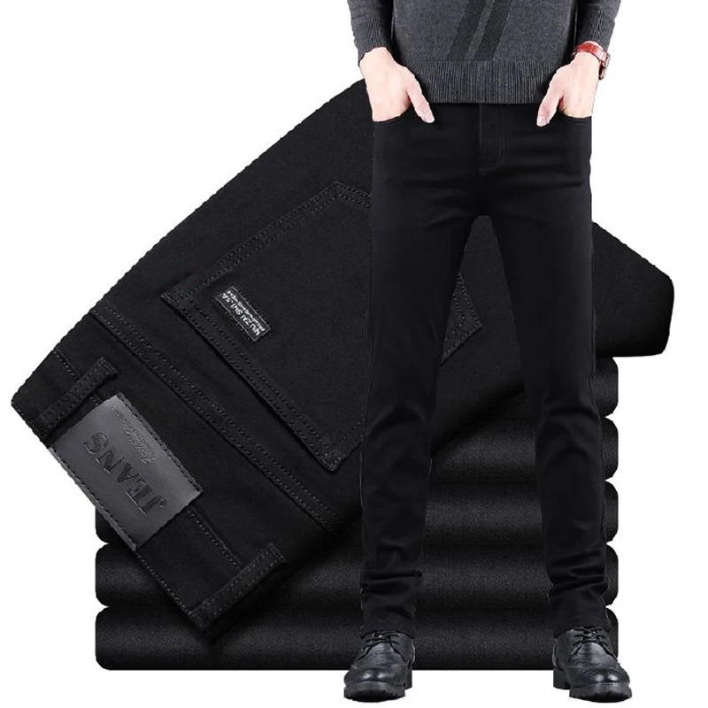 Spring Autumn Mens Pure Black Slim Jeans Elastic Straight Pants Business Fashion Leisure Korean Vintage Denim Male 261017