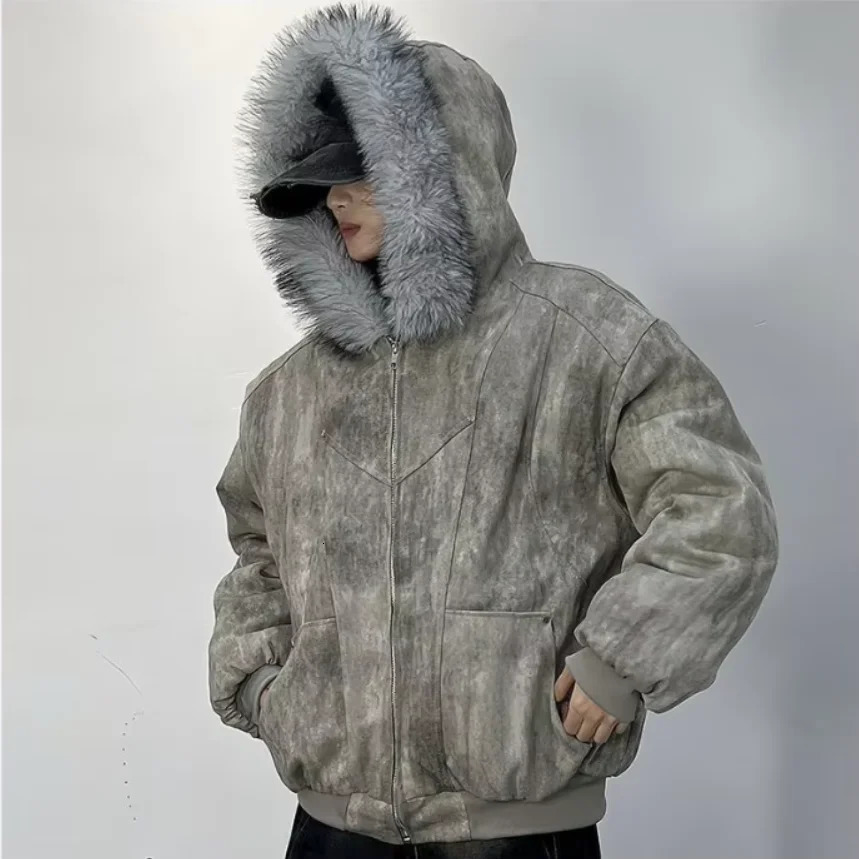 Fashion Trend American Fur Collar Hooded Cotton-padded Jacket Y2K Hip Hop Harajuku Vintage Overalls Men And Women 261015
