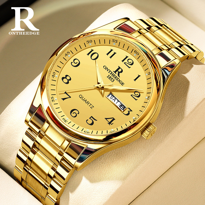 Men Gold Quartz Wristwatch, 2026 Trend Large Number Watch, Luminous Waterproof Dual Calendar Dial, Stainless Steel Band for Middle-aged Elderly Dail