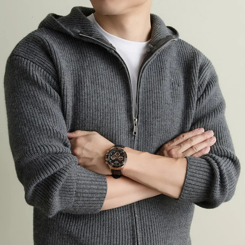 Mens Hooded Zip Up Knitted Cardigan Old Money Style Casual Loose Fit Sweater Coat 261017