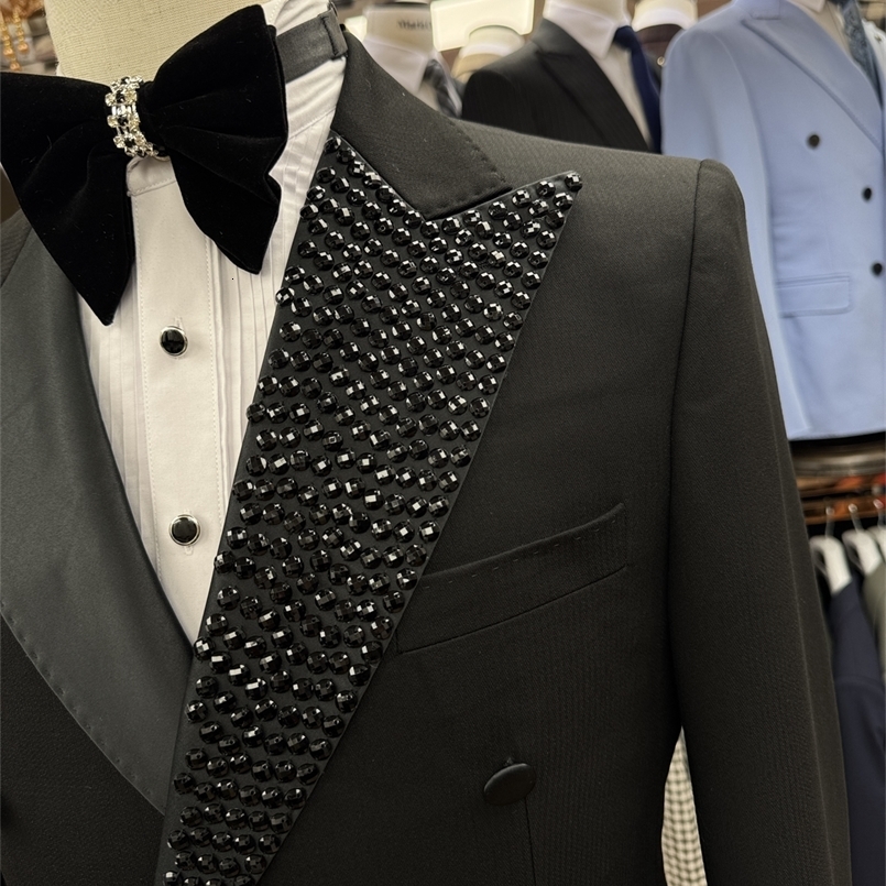 Collar Rhinestones Suit Set for Men Two Pieces Double Breasted Suit Blazer Pants Set y Costume Party Prom Outfit 260930