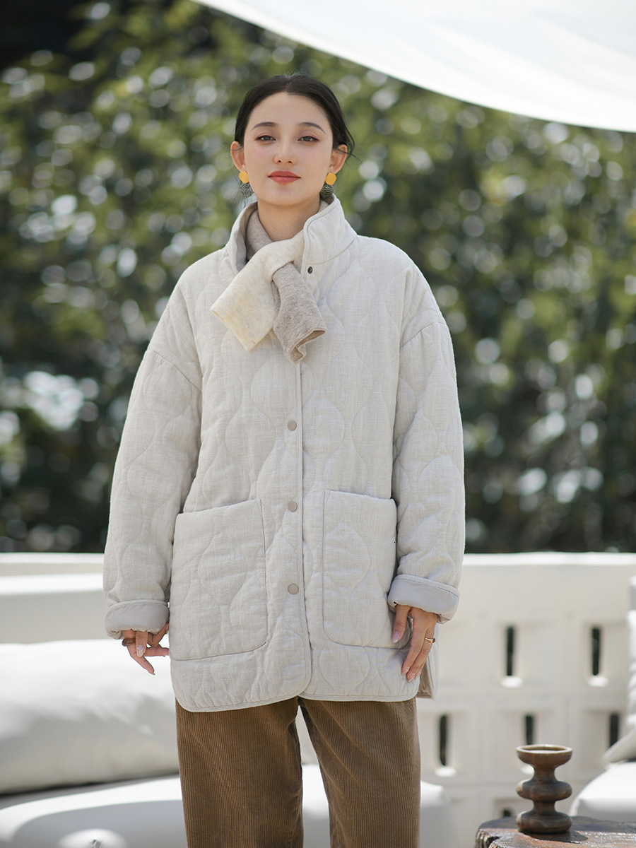 Women New Winter Cotton Linen Blend Mid Length Diamond Quilted Jacket Loose Fit Warm Soft Casual Outerwear For Adult Women Daily Street Casual And C