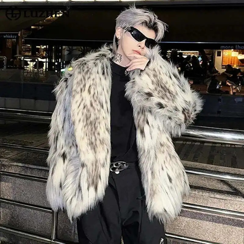 LUZHEN High End Trendy Faux Fur Overcoat Leopard Personalized Elegant Casual Windproof Winter Men's Tops Coat LZ7984 261008