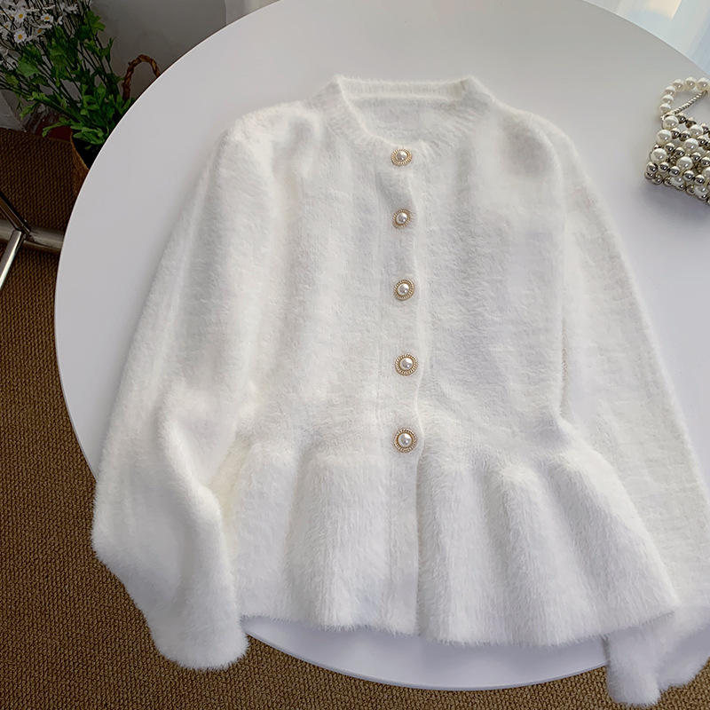 White Faux Mink Fur Cardigan Sweater For Women, New Spring And Autumn Style, Ruffled Top, Fluffy Plush Knitted Coat Makoufei