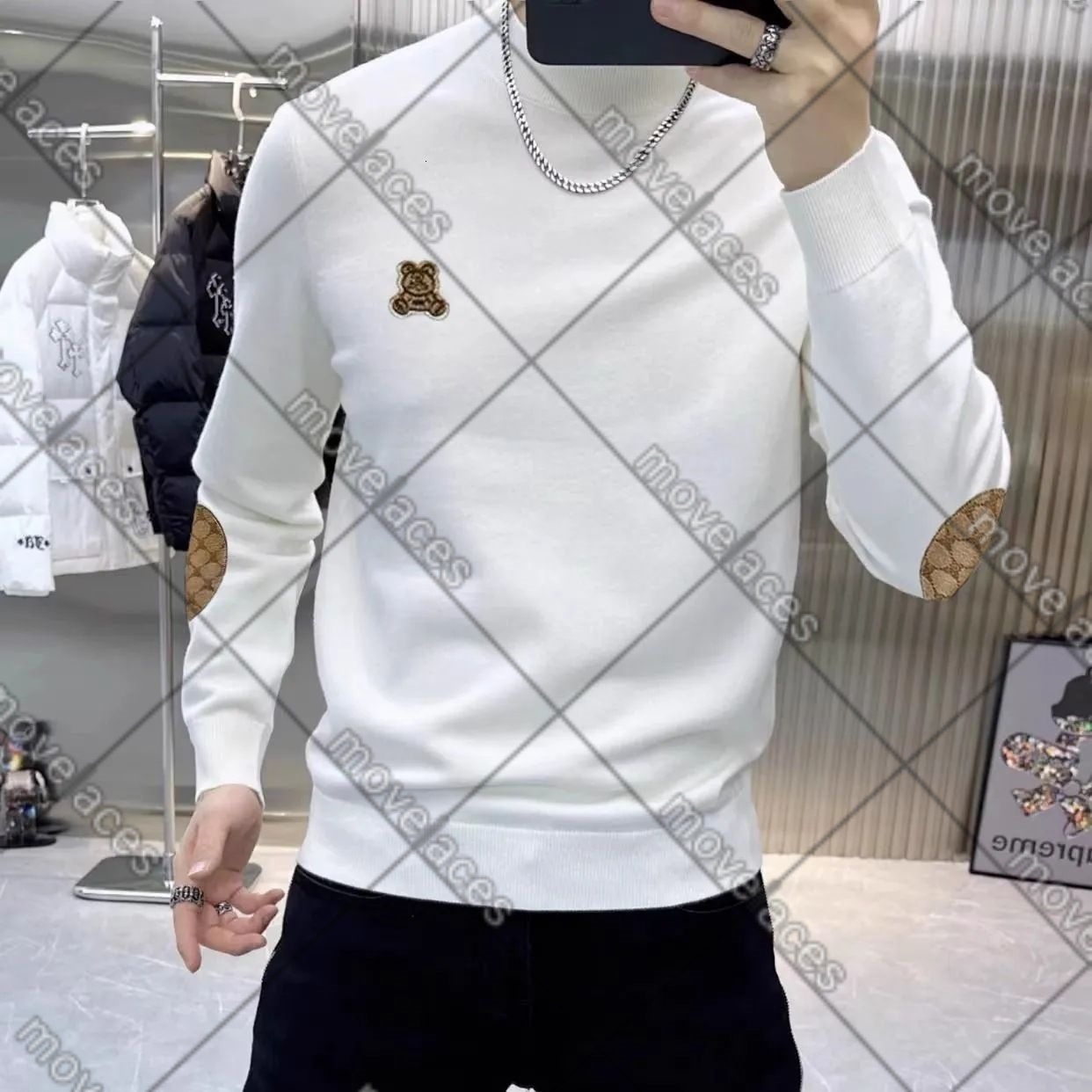 designer Mens Cashmere Blend Sweater White Round-Neck Knitwear with Bear Patch Embroidery, Embroidered Cuffs, Long Sleeve Batwing Punk Style