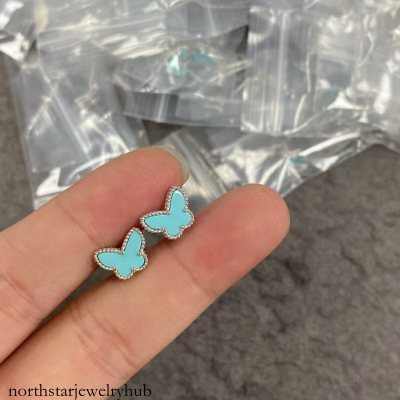 Designer Jewelry vanly sterling silver turquoise mini earrings for women, plated with white gold, blue butterfly design