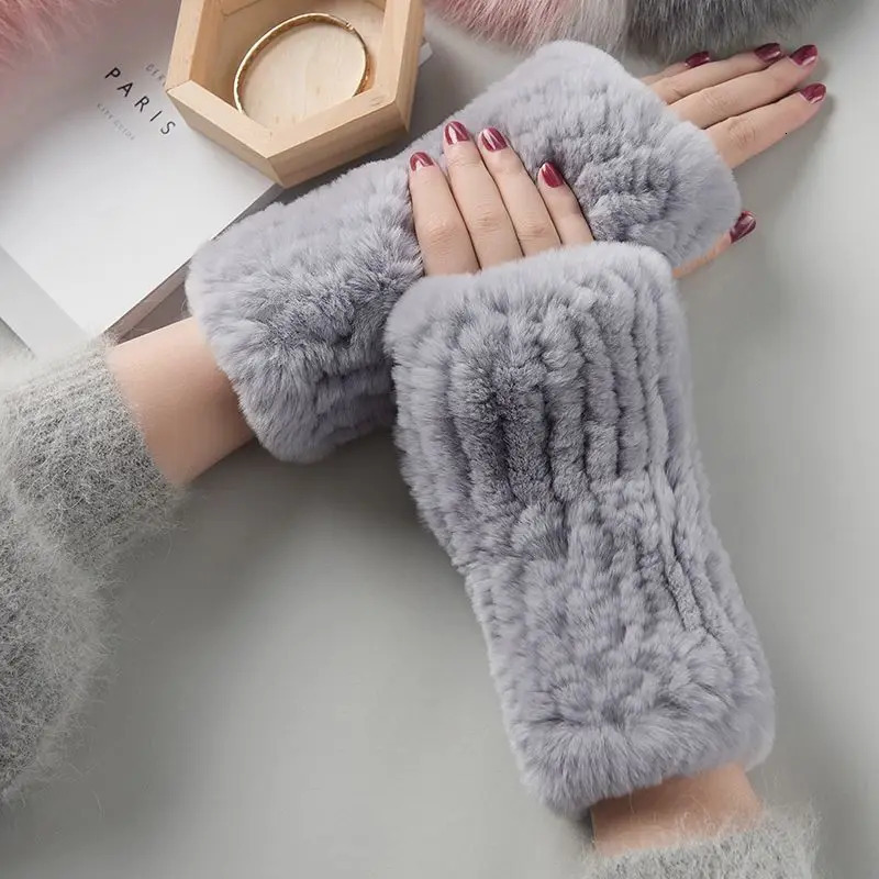 Lady Rabbit Fur Glove Fashion Knitted Warm Rex Winter Women Rabbit Fur Mittens Natural mitten Soft Rex Rabbit Fur Gloves 261017