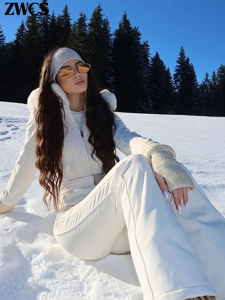 Windproof Hooded Skiing Jumpsuits Womens Warm Zipper Pleated Snowboard Ski Suit With Belt Winter Lady Hiking Clothings 261016