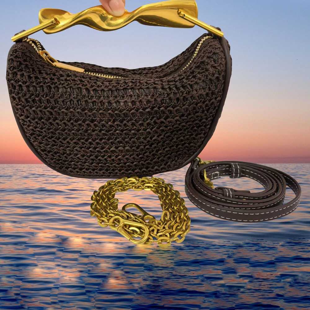 Evening Bags Metal Handle for Women Half Moon Rattan Woven Chain Shoulder Bag Bohemian Travel Beach Bag Designer Crossbody Handbag H261016