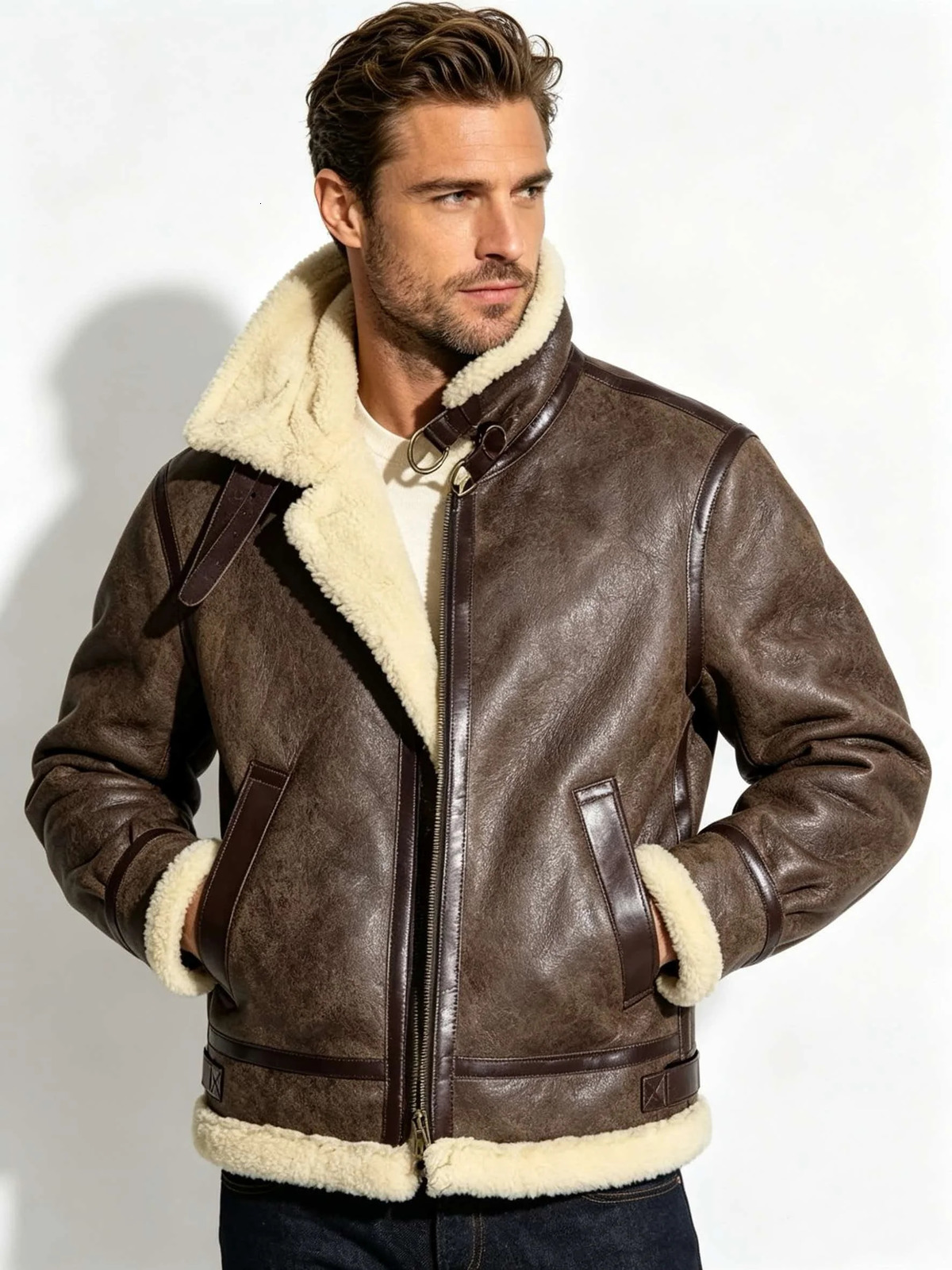 Dark Brown Winter Shearling Jacket Men Retro Style Plus Size 5XL Genuine Natural Thick Sheepskin B6 Bomber Flight Coat 261013