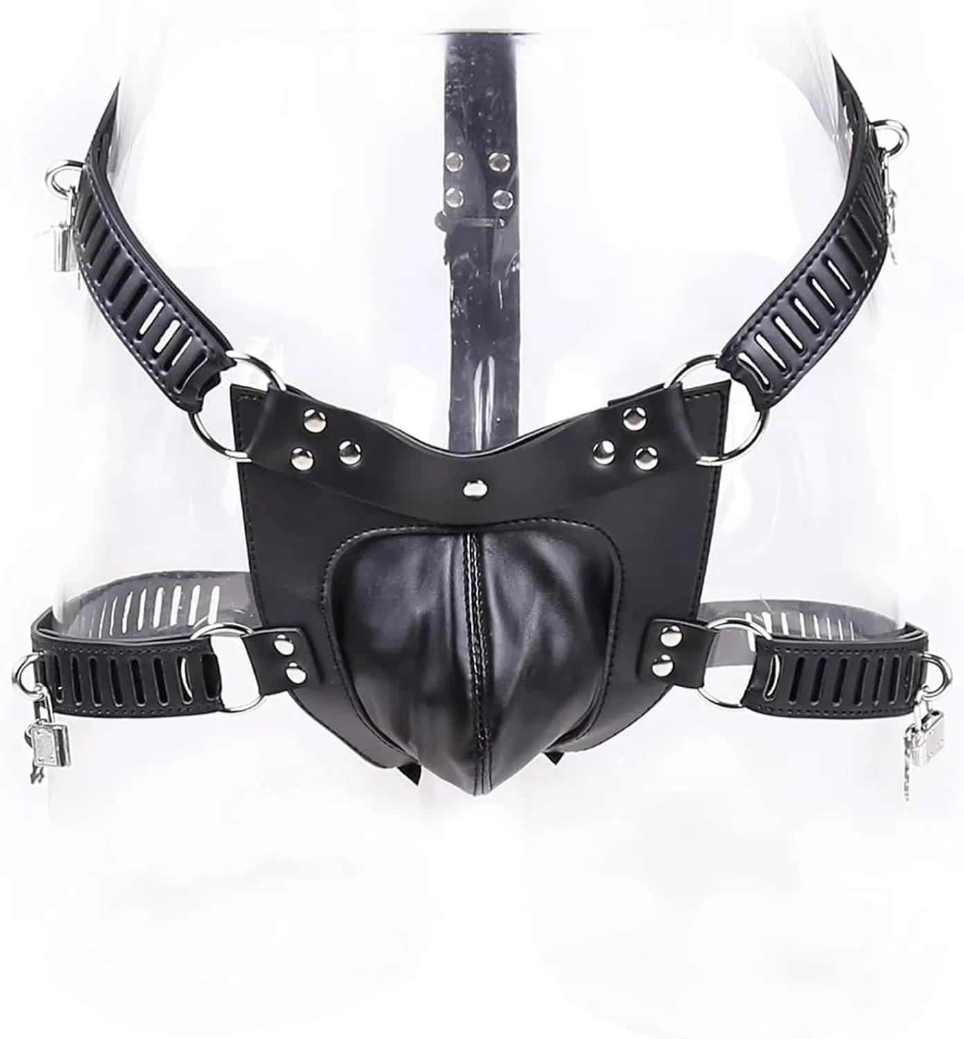 Mens Adjustable Leather Chastity Cage Belt Lockable G String Harness with Key for BDSM Fetish Bondage Control Restraint Roleplay Gear Male Chastity