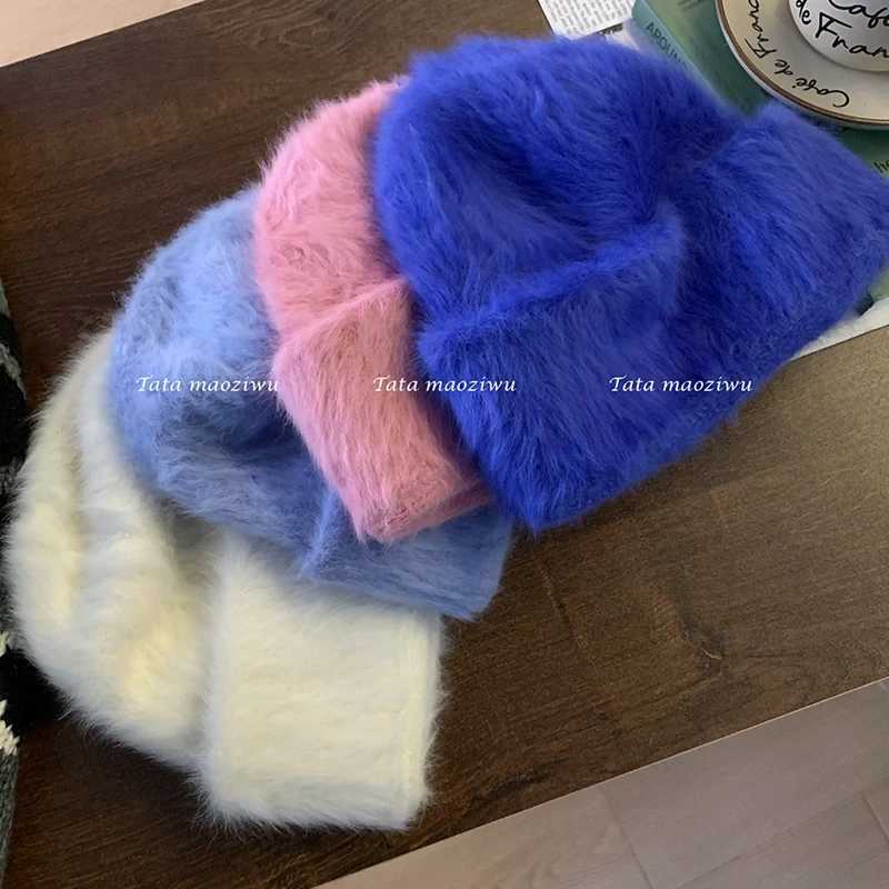 Beanie/Skull Caps 2023 Angora Fluffy Knitted Beanie Rabbit Fur Winter Hat for Women Ladies Fashion Warm Plush Skull Women's Thick Fleece Hats Q