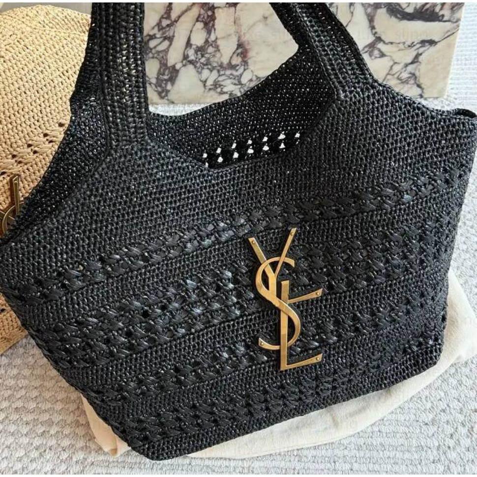 Icare Medium Raffia Tote Classic Hardware Logo Designer Knitted Designer Underarm Bag 2026 Trends Large Shoulder Purse Yslbagwomen Shopping Yslhand