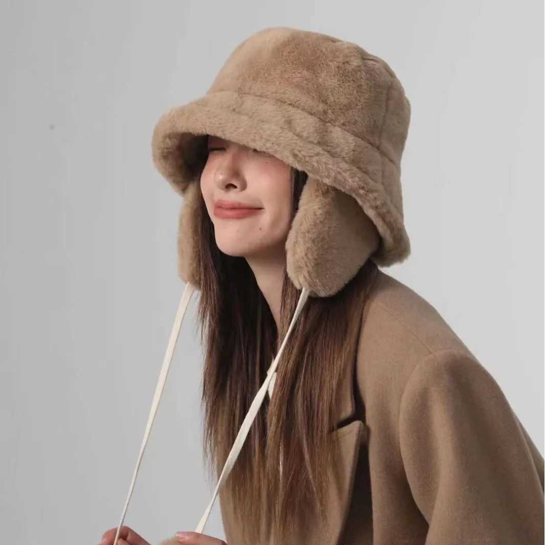 Beanie/Skull Caps New Women's Thickened Plush Winter Hats Korean Faux Fur Bucket Hat Plush Ear Protection Fisherman Cap Female Russian Panama C