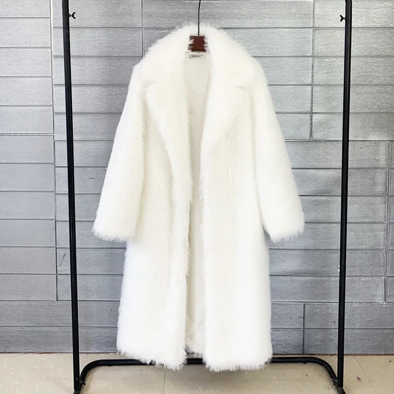 White Long Faux Fur Coat Women Autumn Winter Large Jacket Overcoat Turn Down Collar Pockets Thick Coat Warm Jackets Maxi Coats 261015