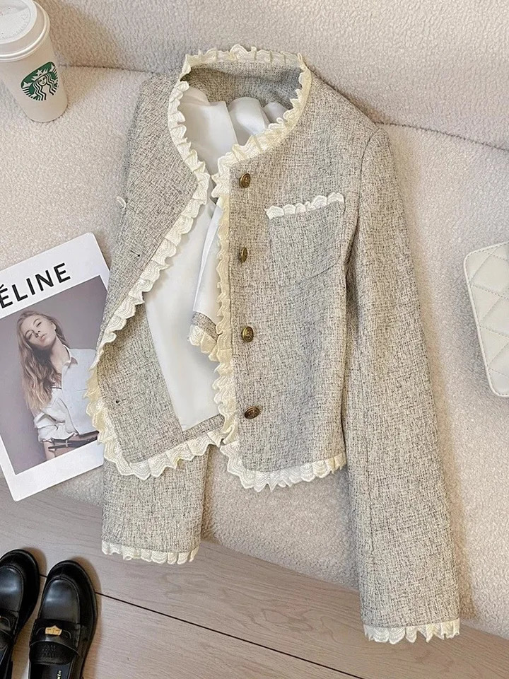 Elegant Sweet Tweed Jacket Women Slim Vintage Lace Patchwork O Neck Short Coats Retro Casual Korean Female Fall Winter Outwear 261014