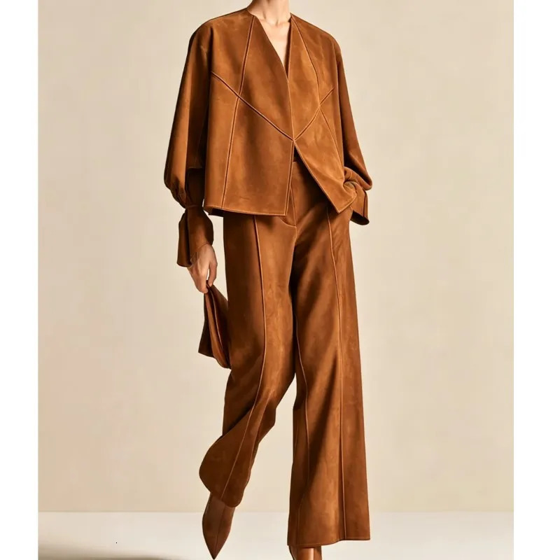 Vintage Suede Women's Coat Trouser Suits Vneck Long Sleeve Jackets Loose Straight Pants 2 Piece Autumn Winter Solid Set Lady 261015
