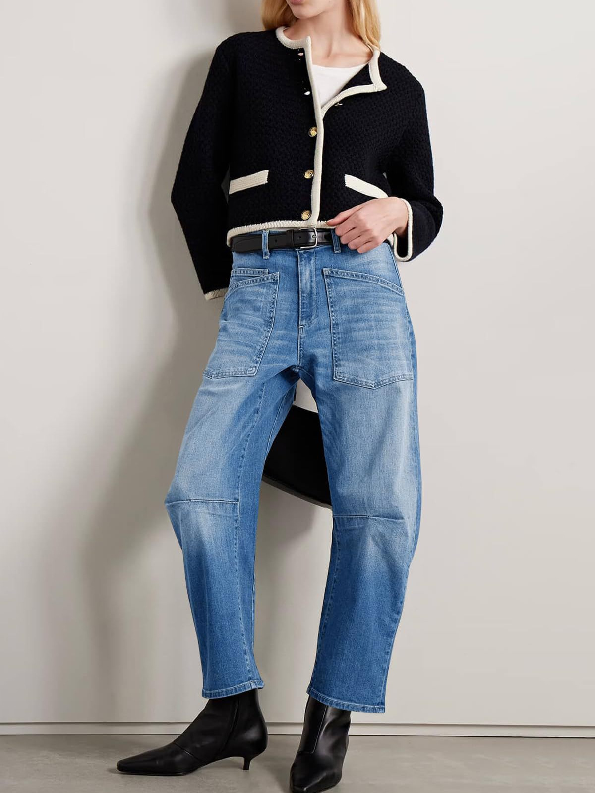 Women High Waist Curved Jeans Vintage Deconstructed Workwear Patch Pocket Washed Denim Pants European American Style Casual Street Style Daily Wear