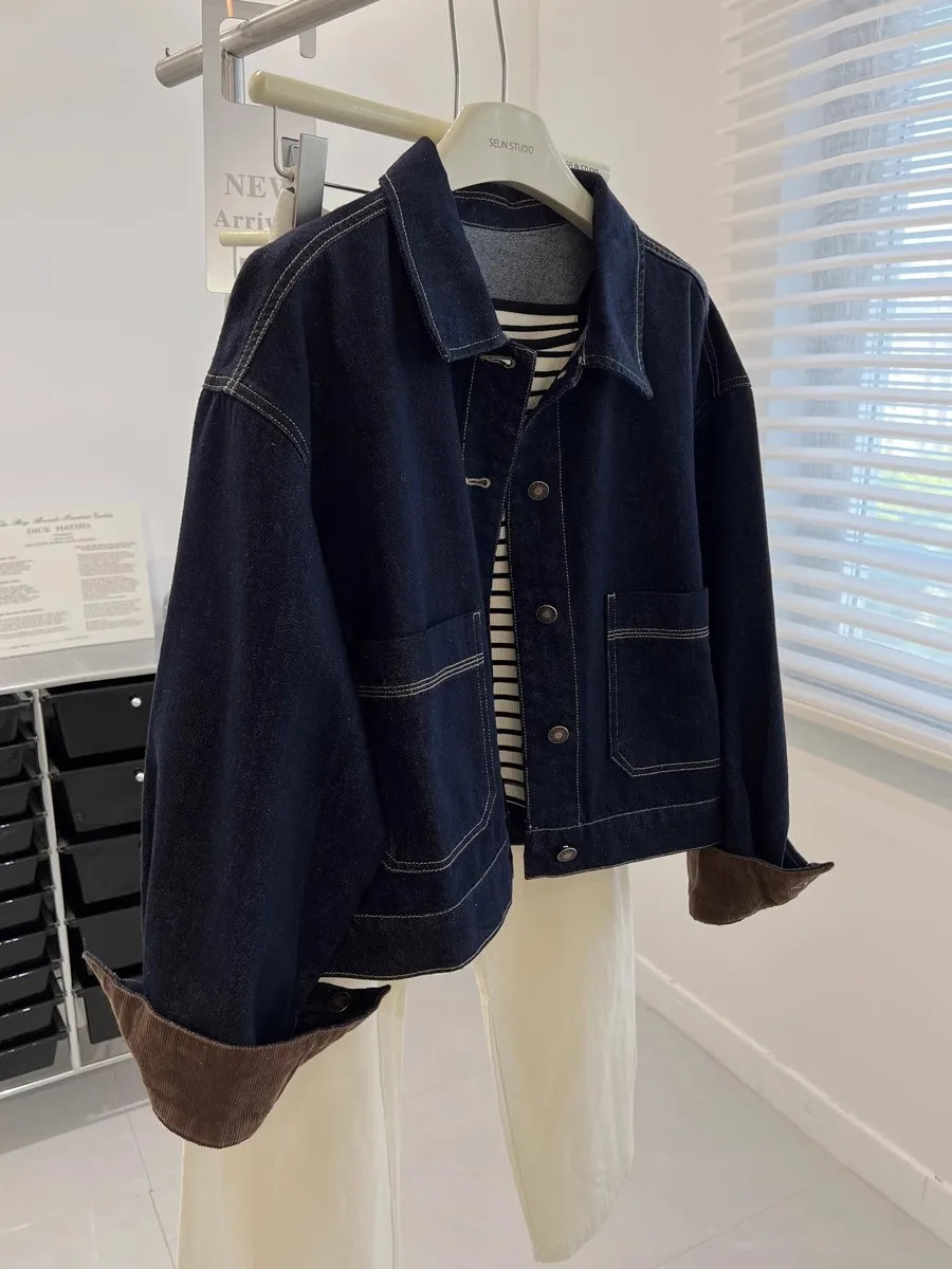 Deep Blue Retro Short Denim Jacket Spring Autumn Korean Womens Splicing Long Sleeve Top Fashion Loose Laple Coats 261016