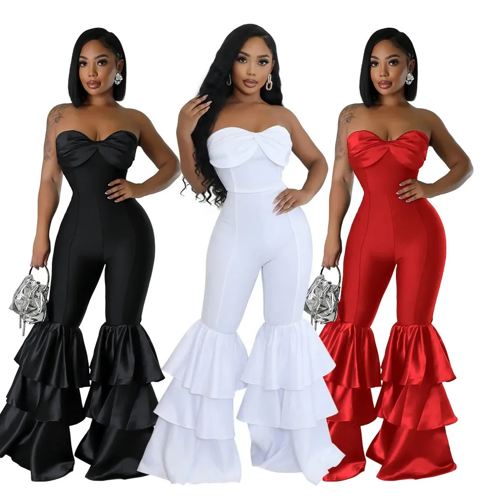 Jumpsuits Strapless Women Sleeveless Sexy Rompers One Piece Overalls Slim Fit Long Pant Ruffles Patchwork Elegant Lady 261015