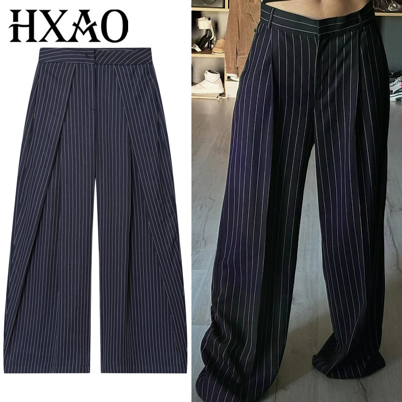 HXAO Striped Pleated Pants Women's Autumn Ladies Baggy Wide Leg High Waist Casual Oversize Trousers Harem Pants 261015