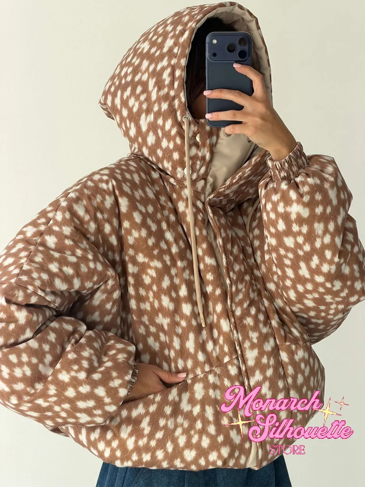 Reversible Deer Print Hooded Puffer Coats Women Chic Bubble Sleeve Elastic Hem Thick Warm Jackets Lady Casual Winter Street Wear 261016