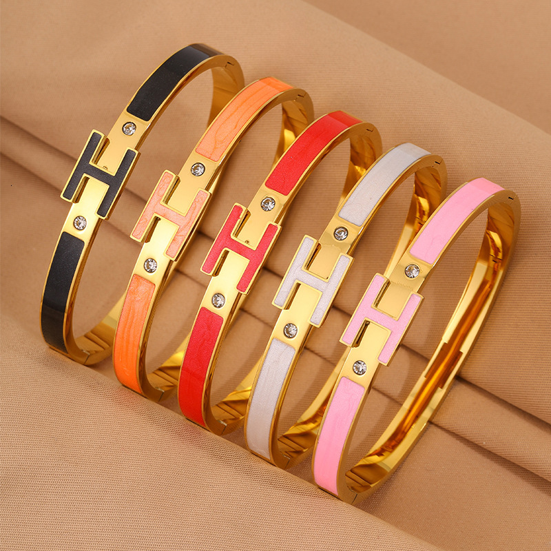 Cross-Border Best-Selling Small H Bracelet, A Luxurious Enamel With Lettering, Drip-Effect Enamel, And Diamond Accents, Adjustable Open-Style Stainl