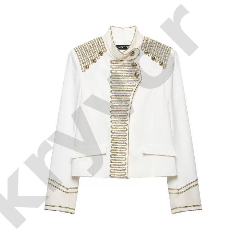 Womens White Military Style Cropped Jacket Stand Collar Gold Braided Cord Epaulet Front Trim Decor Asymmetric Button Long Sleeve Slim Tailored Outer