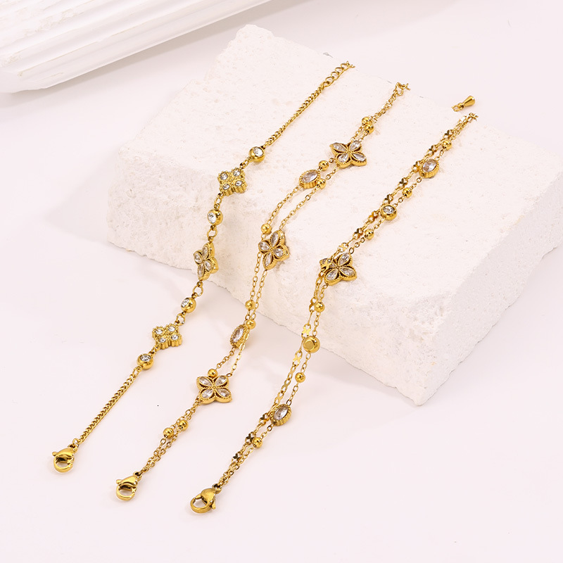 Gold Double-Layer Four-Leaf Clover Bracelet, Trendy Luxurious Piece For European American Markets, Made Of Titanium Steel, With A High-End Feel, And