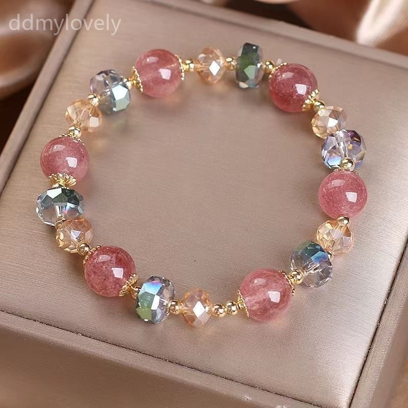 Fashionable Strawberry Crystal Bracelet for Women, Rose Quartz Glass Bead Handchain with Gold Spacers, Summer Trendy Jewelry Gift