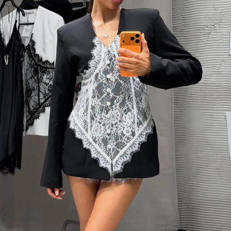 Fashion Workplace Style Deep V-neck Lace Splicing Contrasting Color Blazer Front Shoulder Waist Sexy Long Sleeves 261016