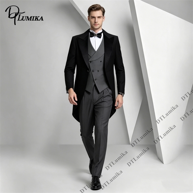 DTLumika Black Tailcoat Lapel Men 3 Piece Tuxedo Blazer Double Breasted Grey Waistcoat Matching Trousers Set For Wedding 260930