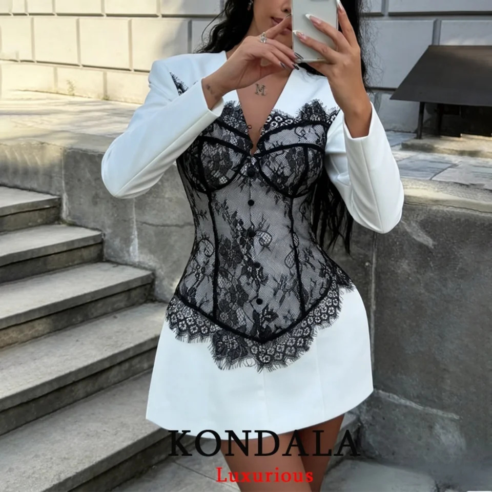 KONDALA Vintage Lace Patchwork Mini Blazer Dress Women Long Sleeve V Neck Sheath Party Blazer Fashion Spring Elegant Blazer 261016