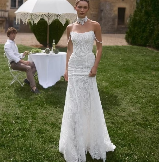 Classic Lace Wedding Dress Spaghetti Strap Sleeveless Pearls Beads Appliques Mermaid Long Bride Bridal Party Formal Gowns Vestidos De Noiva
