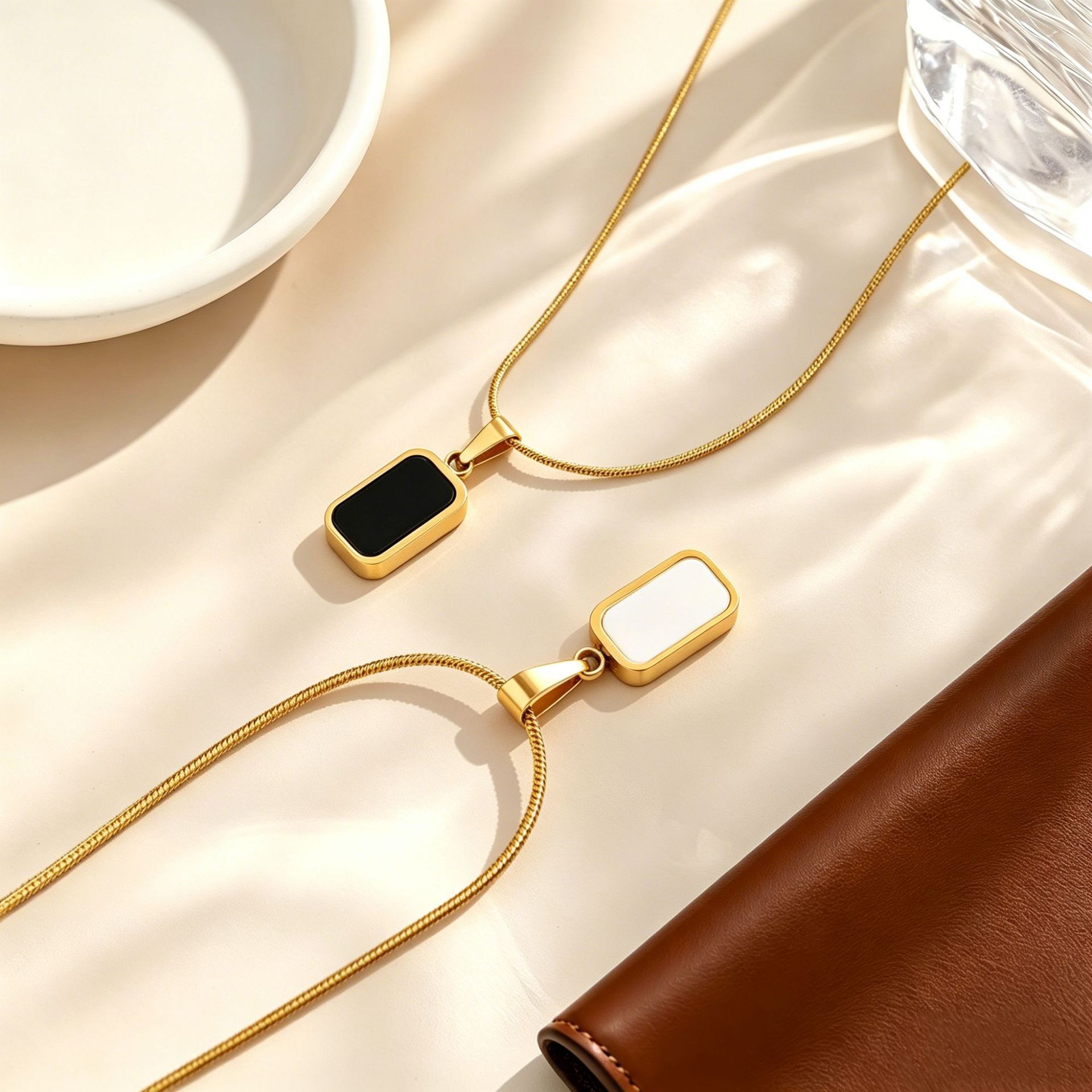 Light Luxury Niche Black White Square Titanium Steel Necklace Women, Fashionable And Versatile, With A High-End Feel, Suitable For Layering, Double-