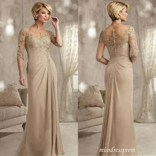 Vintage Champagne Mermaid Mother Of The Bride Half Sleeve Lace V Neck Wedding Guest Dress Evening Party Formal Gowns