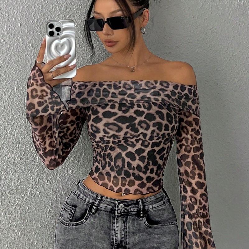 Designer Women's Sexy One Shoulder Long Sleeve T-Shirt Leopard Print Slim Fit Crop Top Streetwear Fall Clothes