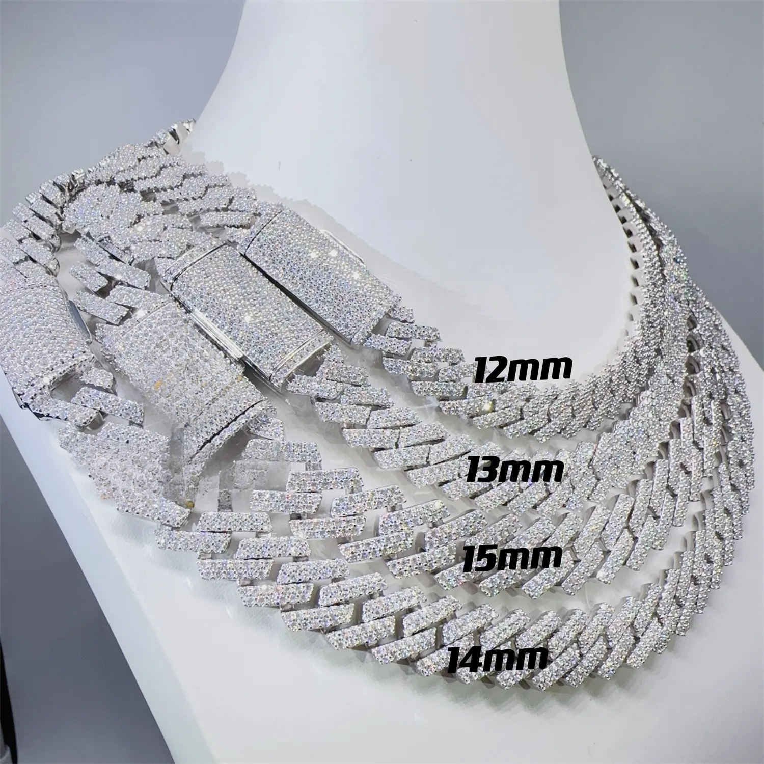 Hot Selling Pass Diamond Tester 925 Solid Silver 12mm 13mm 14mm 15mm Two Rows Iced Out Hip Hop VVS1 Moissanite Cuban Link Chain
