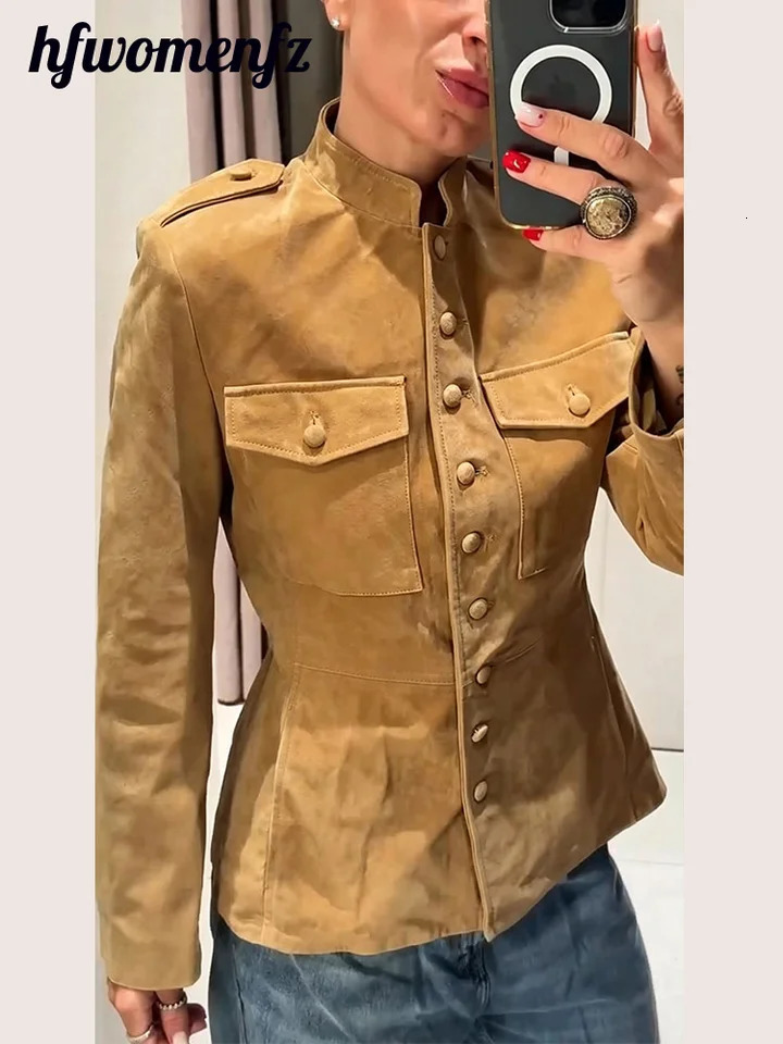 Vintage Women's Suede Short Jacket Slim Waist Cinched Stand Collar Long Sleeve Single Breasted Coats 2026 Autumn Lady Jackets 261015