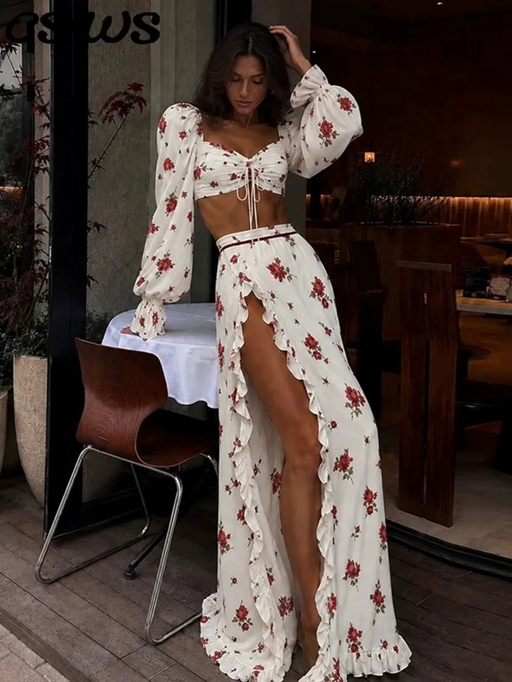 Sexy Print Top Skirt Suit Women Slim Full Sleeve V-neck Lace Up Tops Long Split Ruffle Skirt Female 2026 Fashion Summer Suit 261015