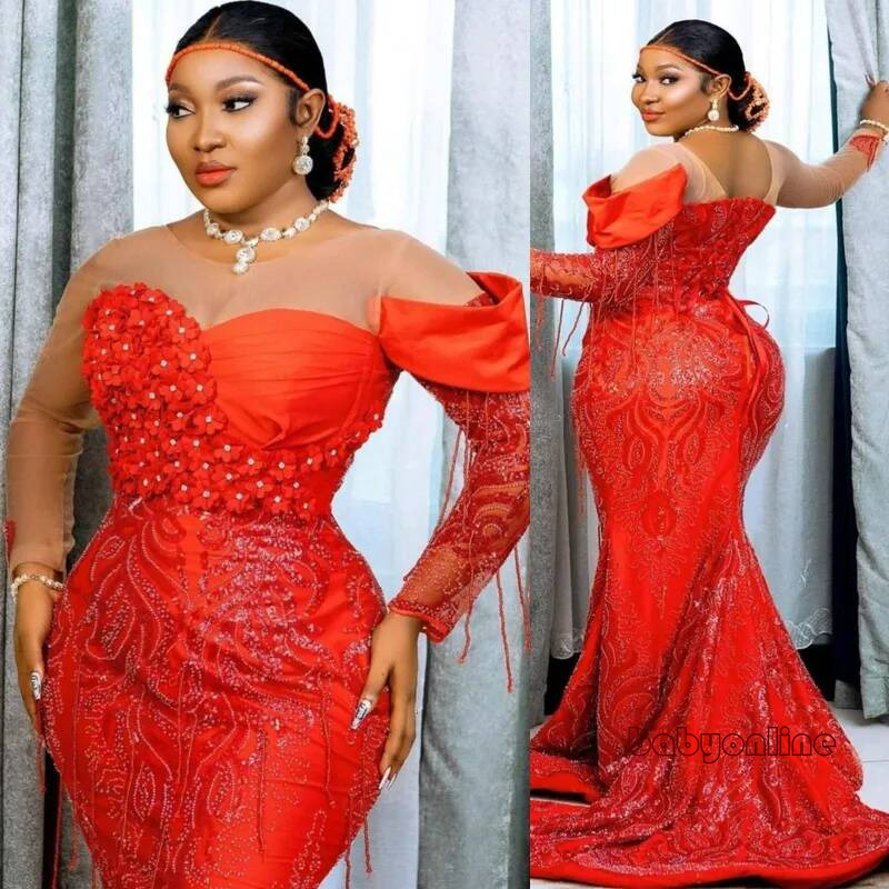 Plus Size Red Prom Robe De Sorrie Mermaid Evening Dresses Sheer Neck Beaded Lace Crystals Birthday Dress Second Reception Gowns Am3872