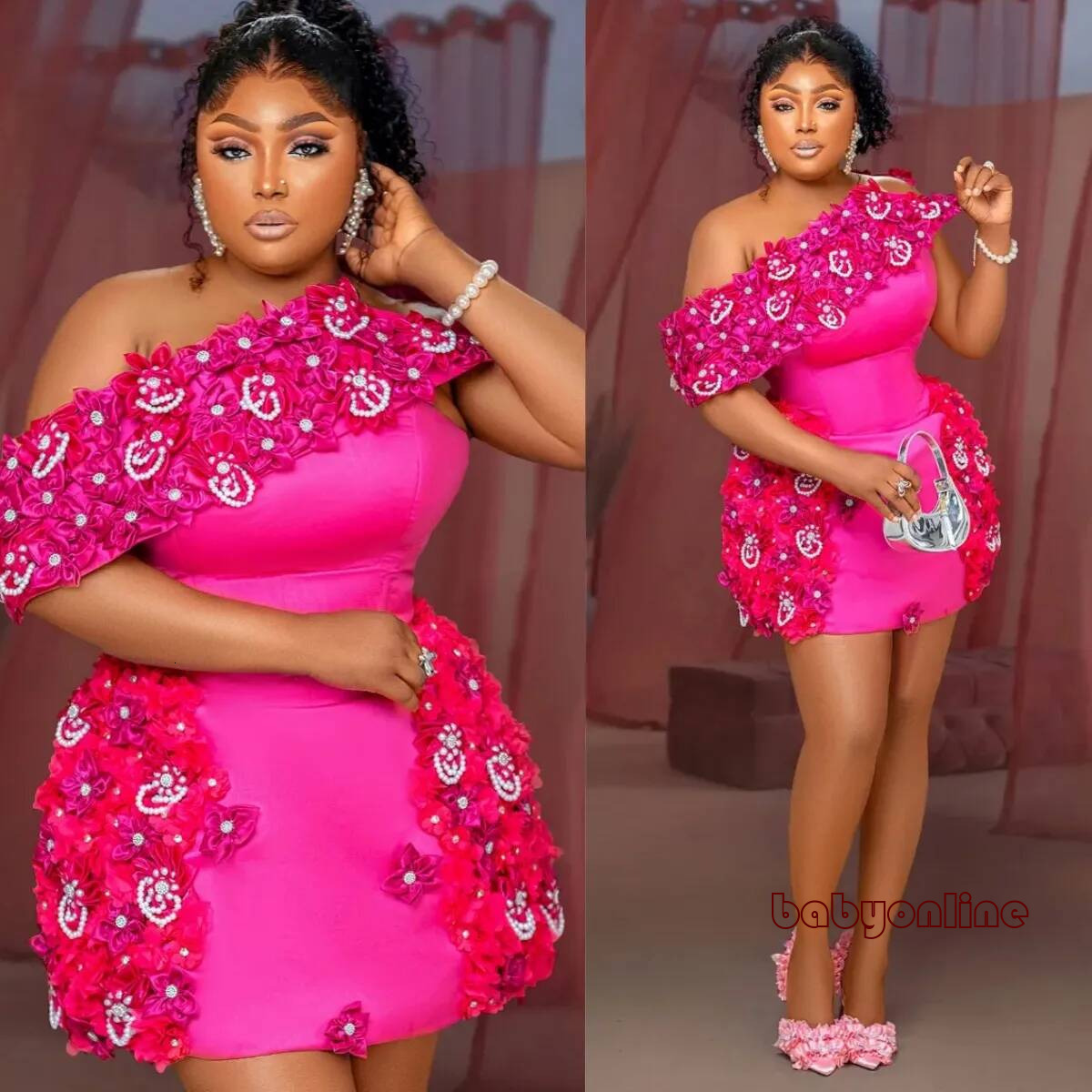 Plus Size Fuchsia Cocktail For Women Flora One Shoulder Mini Strapless Pleated Tassel Beaded Birthday Dress Short Prom Dresses C507
