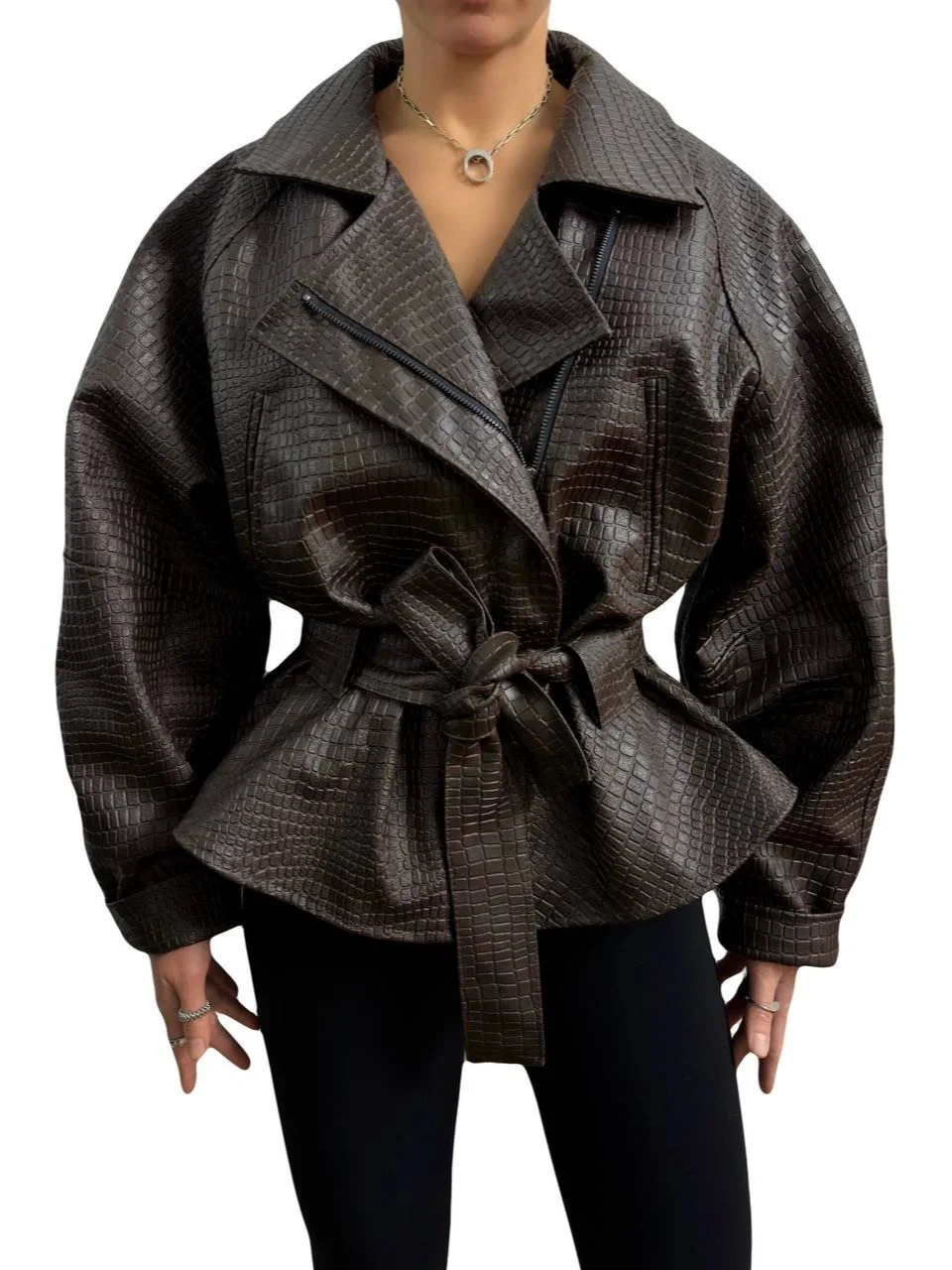 Women Faux Leather Zipper Jacket Lapel Belted Waistcinching Lace Up Oversized Long Sleeve Coats Vintage Moto Biker Coat 2026 261016