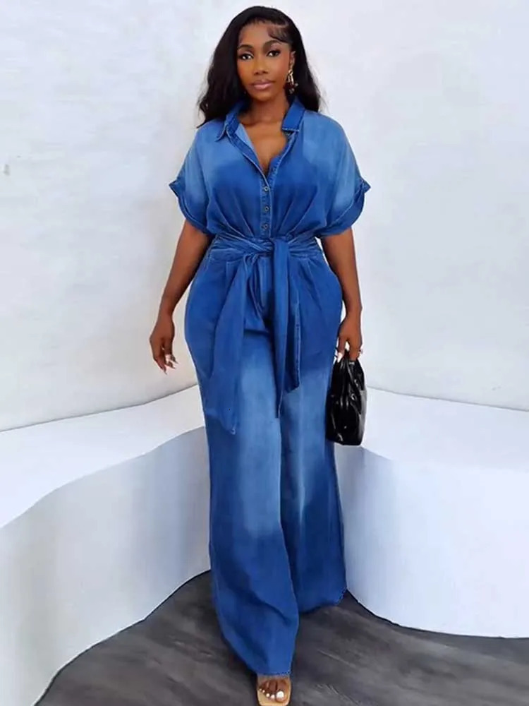 Denim Jumpsuits for Women Soft Denim Fabric One Piece Jumpsuit High Waist Blue Wide Jumpsuit with Pockets Ladies Summer Outfits 261015