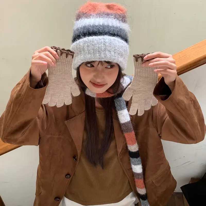 Beanie/Skull Caps Striped Rainbow Beanies Hat Scarf Two Piece Set For Women Men Winter Warm Skullis Hats Unisex Outdoor Coldproof SCarf Caps Set Q26