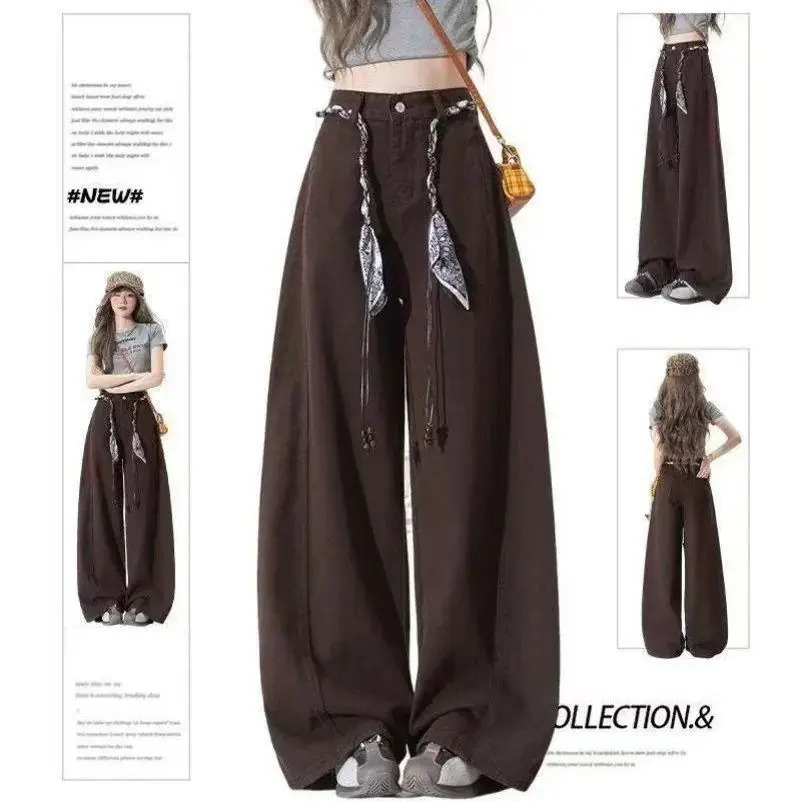 Vintage Brown Patchwork Jeans Women Streetwear High Waist Loose Plaid Denim Pants Y2K Retro Korean Zipper Wide Leg Trouser 261016