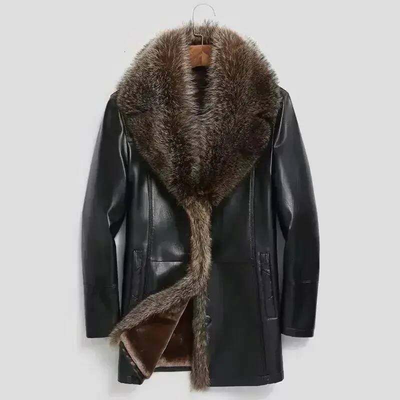 Men's Leather Jacket Haining One Man With Wool Thickened Genuine Leather Coat Sheep Skin Raccoon Big faux Fur Collar Medium Long Mens Clothing